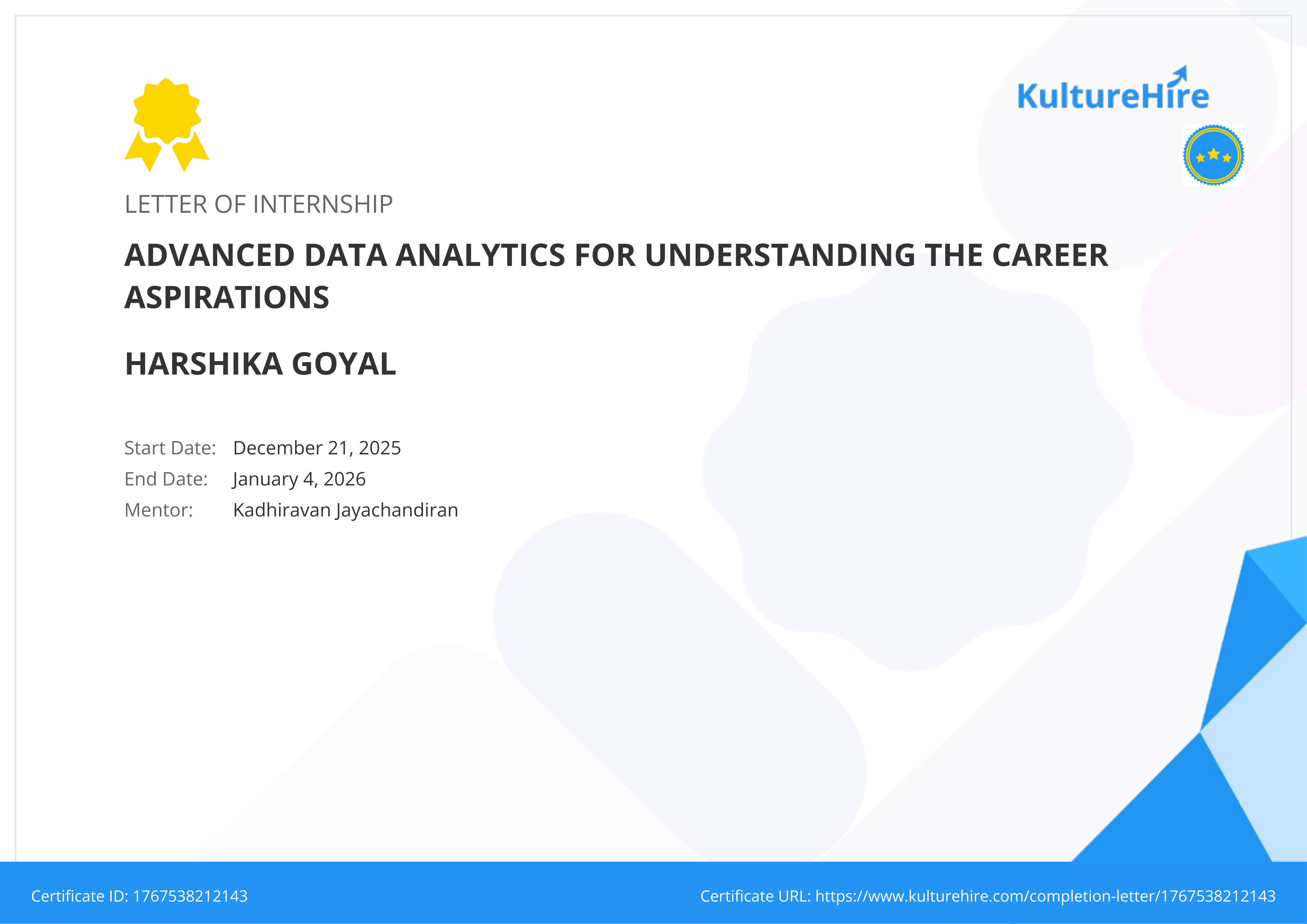 Certificate for Advanced Data Analytics for understanding the career aspirations